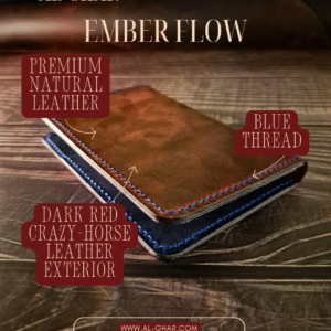 Handmade dual-tone leather wallet in dark red and dark blue with dark blue stitching