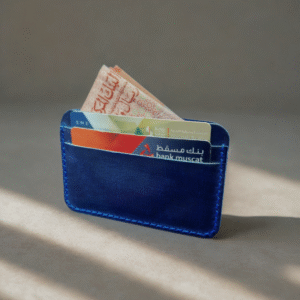 Handmade blue crazy horse leather wallet with blue stitching, 5-pocket design.
