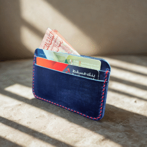 Handmade blue crazy horse leather wallet with red stitching, 5-pocket design.