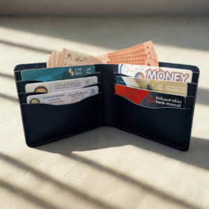 Handmade black vachetta leather bifold wallet with matching stitching, classic design, and natural finish.