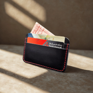 Handmade black vachetta leather wallet with red stitching, 5-pocket design.
