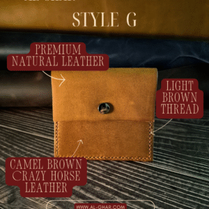 Handmade all-natural leather wallet crafted from camel-colored Crazy Horse leather (1.8mm), finished with light brown stitching and a stainless steel snap. Sized 10cm x 11cm when closed, 10cm x 16cm when opened, designed to fit both money and cards with ease.