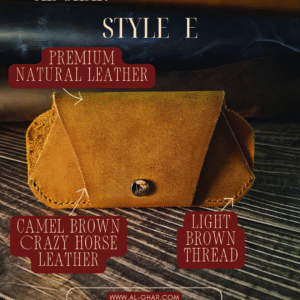 Handmade all-natural leather eyewear cover crafted from camel-colored Crazy Horse leather (1.8mm), finished with light brown stitching and a stainless steel snap. Designed to protect and hold your glasses with ease.