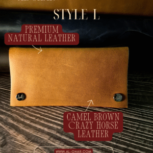 Handmade all-natural leather wallet crafted from camel-colored Crazy Horse leather (1.8mm), finished with light brown stitching and a stainless steel snap. Sized 18cm x 9cm when closed, 18cm x 18cm when opened, designed to fit both money and cards with ease.