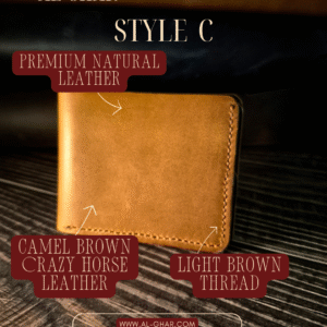 Handmade all-natural leather wallet crafted from camel-colored Crazy Horse leather (1.8mm), finished with light brown stitching. Sized 11cm x 9cm when closed, 22cm x 9cm when opened, designed to fit both money and cards with ease.