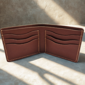 Handmade chestnut brown vachetta leather bifold wallet with natural finish and minimalist design.