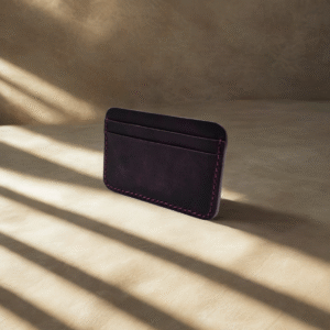 Handmade purple Crazy Horse leather wallet with purple stitching, 5-pocket design.