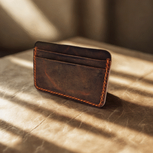 Handmade All-Natural Bronze Crazy Horse Leather Wallet that fits your money and cards seamlessly. Elevate your essentials with the understated elegance of our Bronze Crazy Horse Leather Wallet, stitched with matching burnt orange thread for a sleek, unified look. Crafted from premium, all-natural vegetable-tanned leather, it blends timeless style, durability, and eco-conscious design. Compact yet spacious, it features five pockets to keep your cash and cards neatly organized. Over time, the leather develops a deep, rich patina that reflects your personal journey. Each stitch is hand-sewn by skilled artisans, ensuring superior quality and longevity. Perfect for those who value minimalist sophistication, this wallet transitions effortlessly from casual to formal settings — a refined essential for everyday carry.