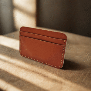 Handmade Tan Brown vachetta leather wallet with light tan stitching, 5-pocket design.