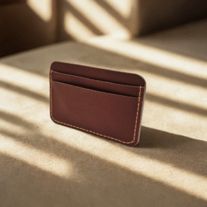 Handmade Chestnut Brown vachetta leather wallet with light tan stitching, 5-pocket design.
